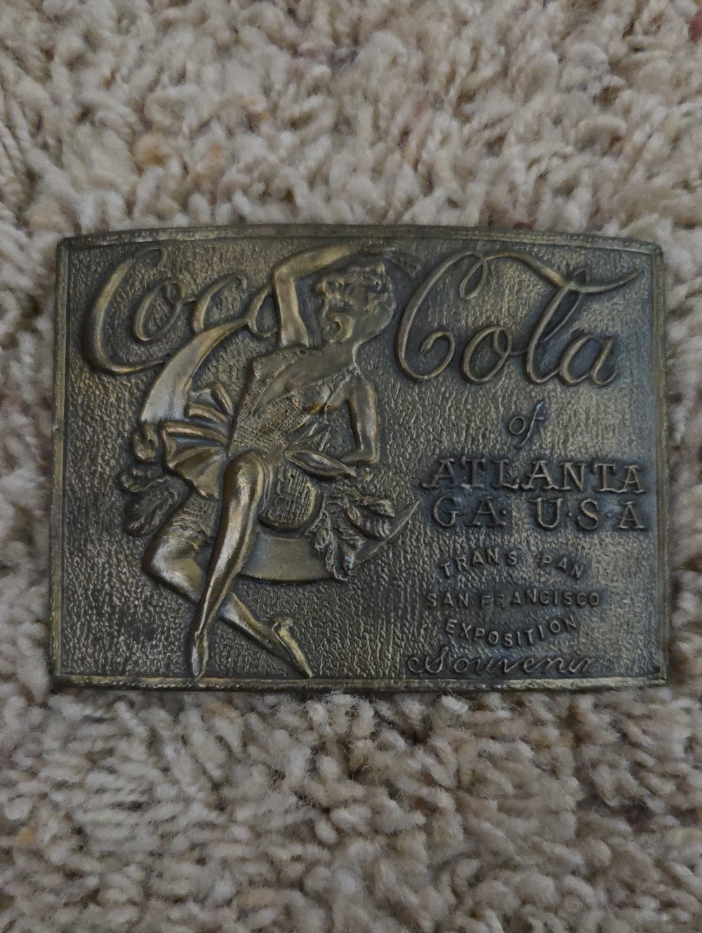 Coca Cola Bronze-Tone Relief Plaque with Script and Figure